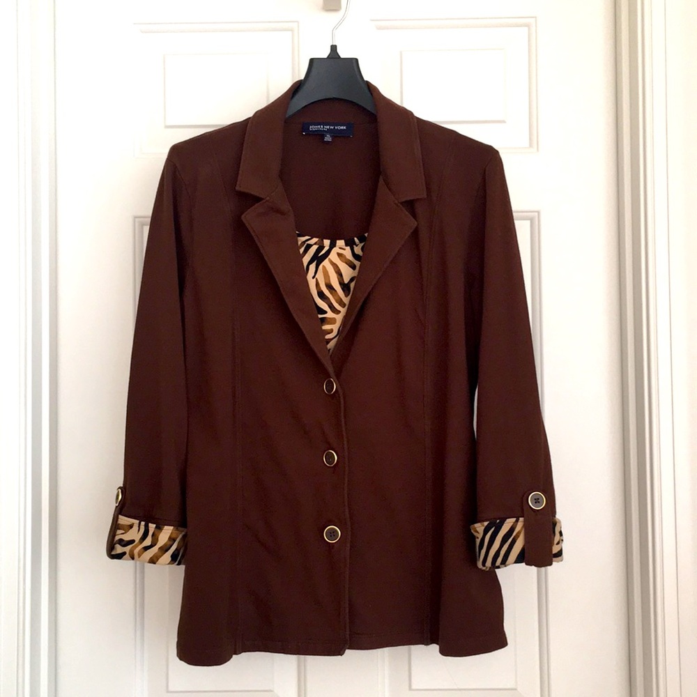 Jones New York Blazer Top XL Brown Animal Prints Collar Long Sleeves Layered